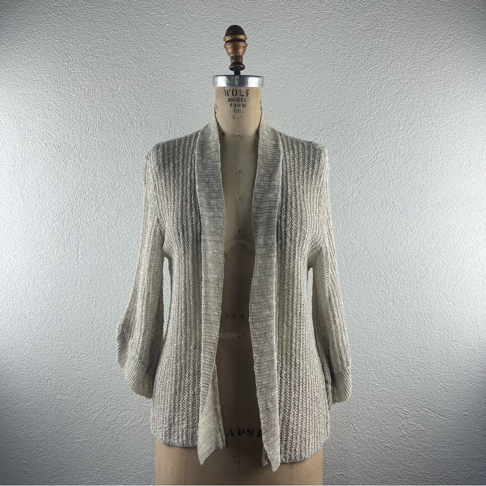 Eileen Fisher l S Linen Blend Semi-Sheer Loose Weave Rib Sleeve Cardigan Sweater